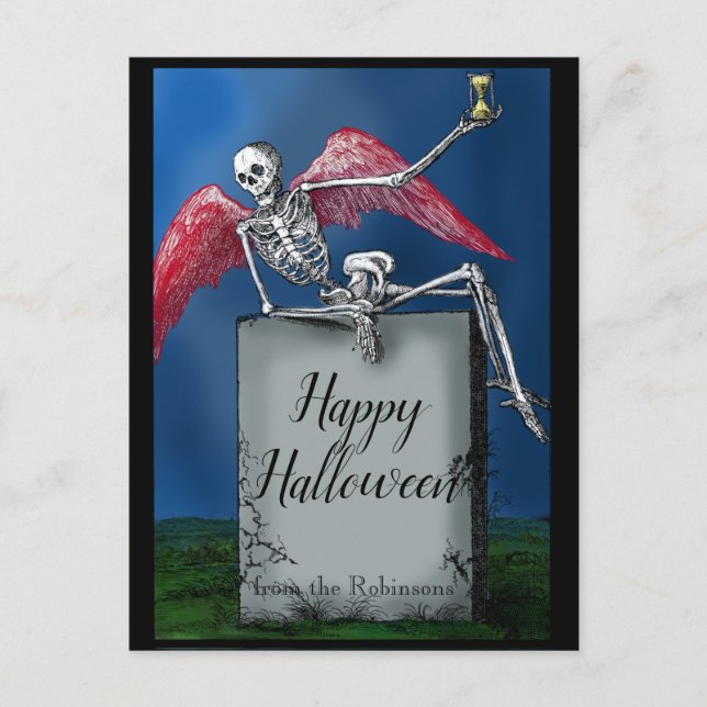 Vintage Custom Text Skeleton on Tomb Halloween Postcard (Front)