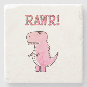Vintage Cute And Angry Pink Cartoon T-Rex Dinosaur Stone Coaster