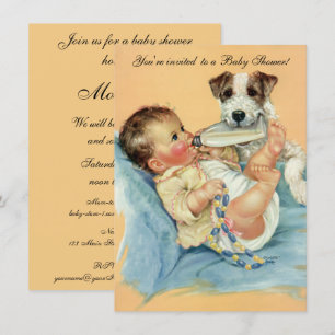 Vintage Cute Baby Bottle Puppy Dog, Baby Shower Invitation