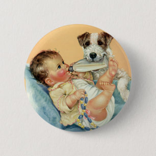 Vintage Cute Baby Boy with Bottle and Puppy Dog 2 Inch Round Button