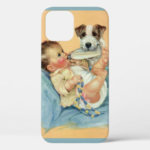Vintage Cute Baby Boy with Bottle and Puppy Dog iPhone 12 Case