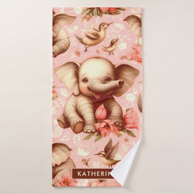 Vintage Cute Baby Elephant Pattern Bath Towel (Bath Towel)