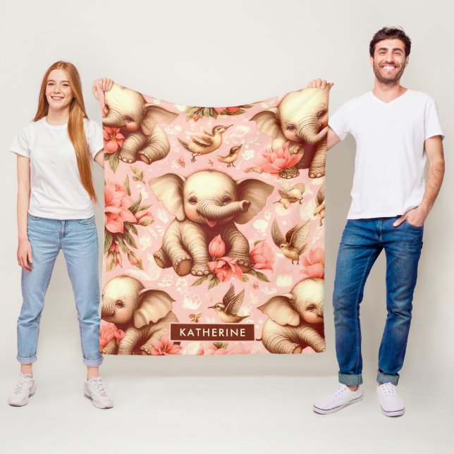 Vintage Cute Baby Elephant Pattern Fleece Blanket (In Situ)