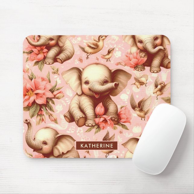 Vintage Cute Baby Elephant Pattern Mouse Pad (With Mouse)