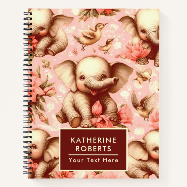 Vintage Cute Baby Elephant Pattern Notebook (Front)