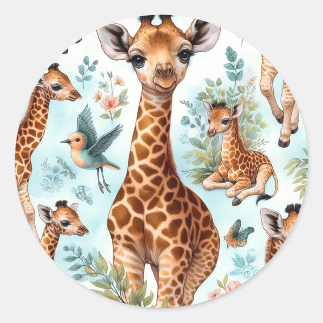Vintage Cute Baby Giraffe Pattern Classic Round Sticker (Front)