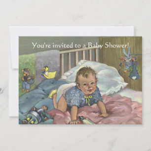 Vintage Cute Baby in Crib with Toys Baby Shower Invitation