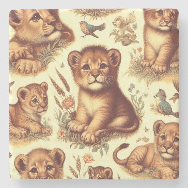 Vintage Cute Baby Lion Pattern Stone Coaster (Front)