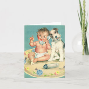 Vintage Cute Baby on Phone Puppy Dog Thank You Card