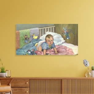 Vintage Cute Baby Playing in Crib, Child Nap Time Canvas Print