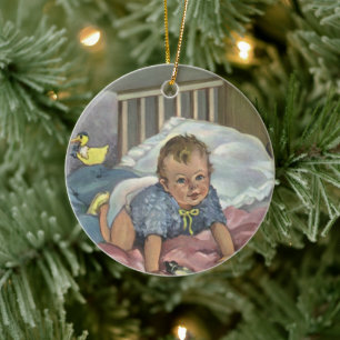 Vintage Cute Baby Playing in Crib, Child Nap Time Ceramic Ornament