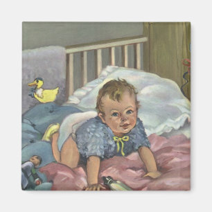 Vintage Cute Baby Playing in Crib, Child Nap Time Magnet
