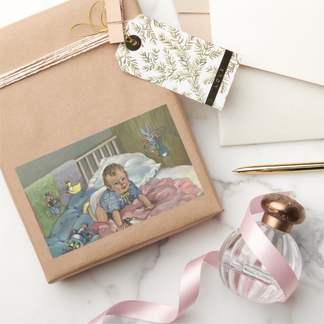 Vintage Cute Baby Playing in Crib, Child Nap Time Sticker (Gifting)