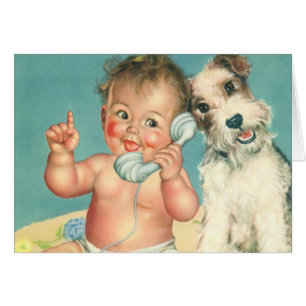 Vintage Cute Baby Talking on Phone Puppy Dog