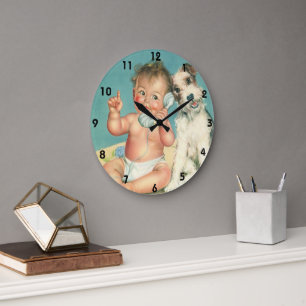 Vintage Cute Baby Talking on Phone Puppy Dog Large Clock