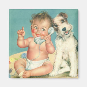 Vintage Cute Baby Talking on Phone Puppy Dog Magnet