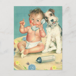 Vintage Cute Baby Talking on Phone Puppy Dog Postcard