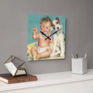 Vintage Cute Baby Talking on Phone Puppy Dog Square Wall Clock