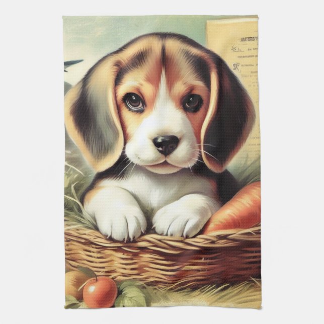Vintage Cute Beagle Puppy Kitchen Towel (Vertical)