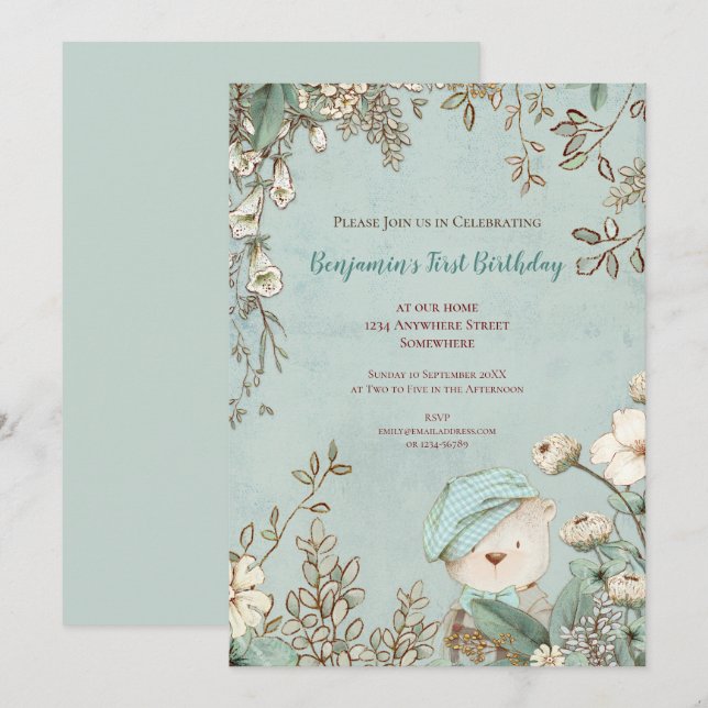 Vintage Cute Bear Botanical 1st Birthday Boy Invitation (Front/Back)