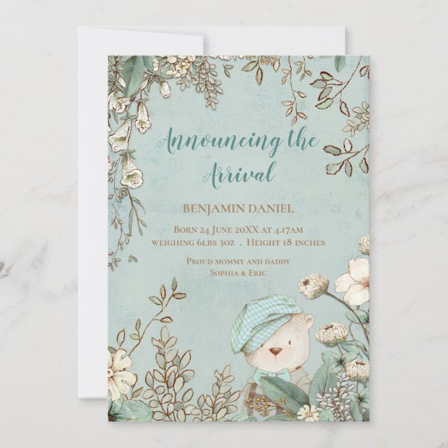 Vintage Cute Bear Floral Baby Announcement (Front)