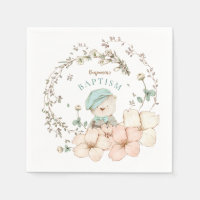 Vintage Cute Bear Florals Greenery Boy Baptism