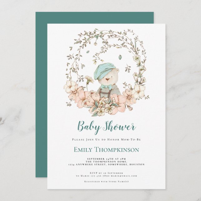 Vintage Cute Bear Foliage Turquoise Baby Shower Invitation (Front/Back)