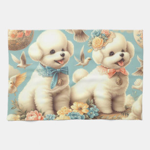 Vintage Cute Bichon Frisé Illustration Kitchen Towel
