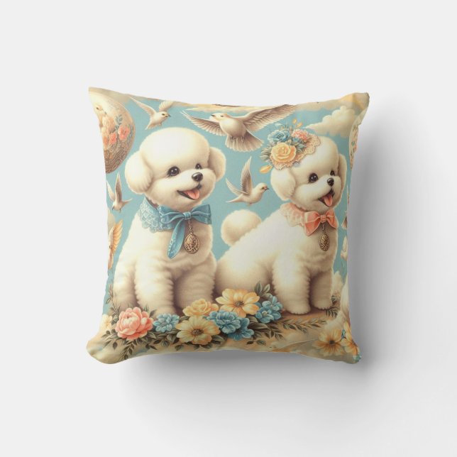 Vintage Cute Bichon Frisé Illustration Throw Pillow (Front)