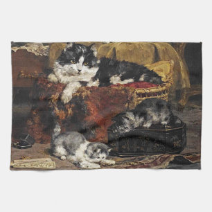 Vintage Cute Black And White Cat With Kittens Kitchen Towel