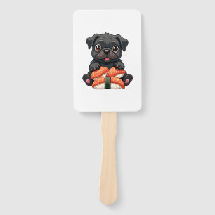Vintage Cute Black Pug Sushi Cartoon Vector Illust Hand Fan