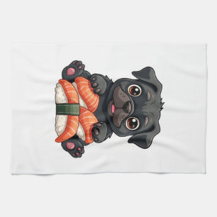 Vintage Cute Black Pug Sushi Cartoon Vector Illust Kitchen Towel