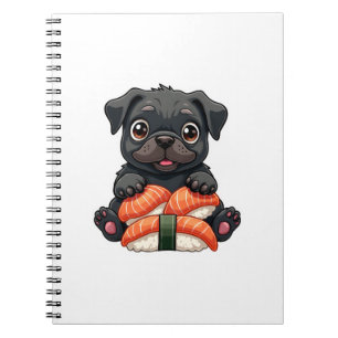 Vintage Cute Black Pug Sushi Cartoon Vector Illust Notebook