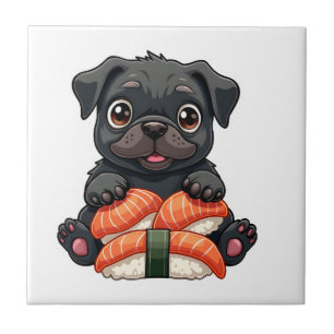 Vintage Cute Black Pug Sushi Cartoon Vector Illust Tile