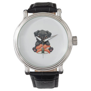 Vintage Cute Black Pug Sushi Cartoon Vector Illust Watch