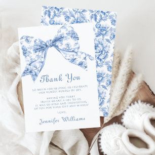 Vintage Cute Blue Toile Bow Ribbon Baby Boy Shower Thank You Card