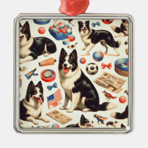 Vintage Cute Border Collie Illustration Metal Ornament