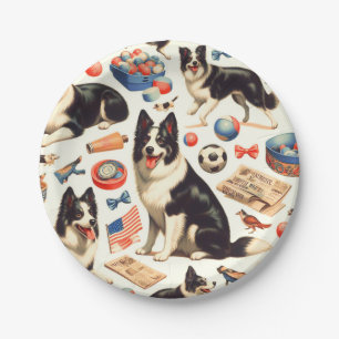 Vintage Cute Border Collie Illustration Paper Plate