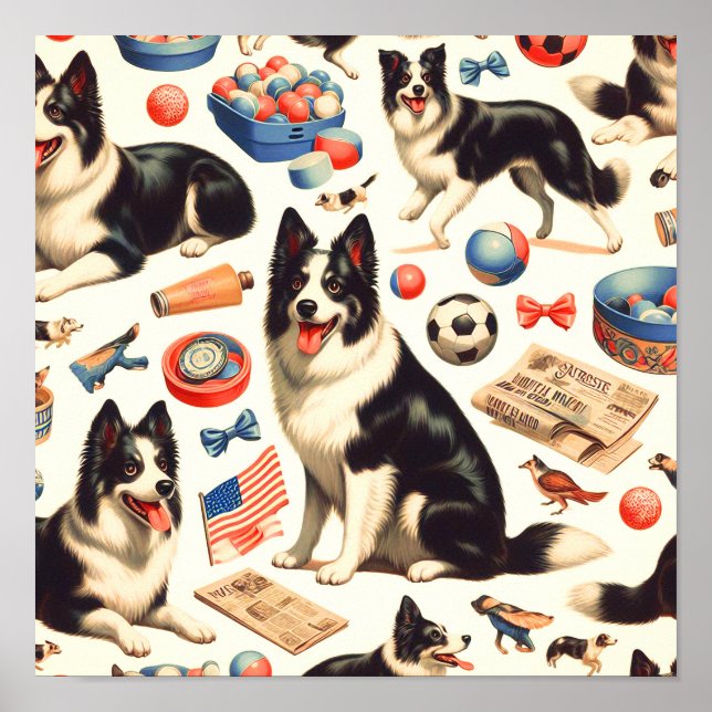 Vintage Cute Border Collie Illustration Poster (Front)