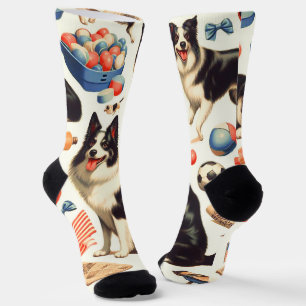 Vintage Cute Border Collie Illustration Socks