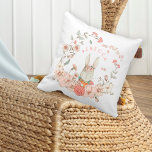 Vintage Cute Bunny Botanical Name Baby Girl White Throw Pillow<br><div class="desc">Vintage charm for your baby girl's nursery with this bunny and botanical design on an off white (as it appears on the finished product) background. The sweet bunny is wearing a pink jacket and holding a bunch of carrots, and is peaking out behind cream and blush florals and whimsical leaves...</div>
