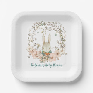 Vintage Cute Bunny Florals Boy Baby Shower Paper Plate
