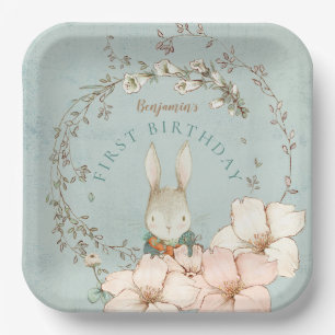 Vintage Cute Bunny Foliage Boy 1st Birthday Paper Plate