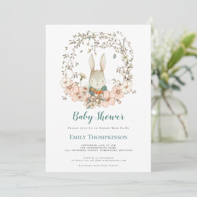 Vintage Cute Bunny Foliage Turquoise Baby Shower Invitation (Standing Front)