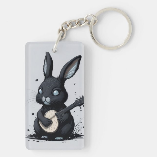 vintage cute bunny rabbit cat music guitar keychain (Back)