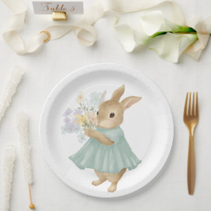 vintage cute bunny with flowers Paper Plate