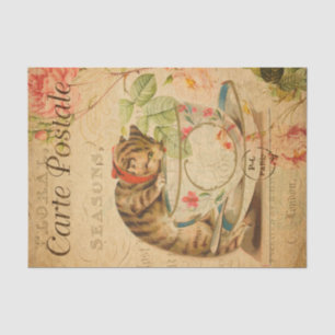 Vintage Cute Cat Drinking of Tea Cup and Saucer Tissue Paper