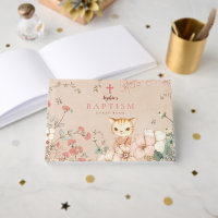 Vintage Cute Cat Flowers Leaves Baby Girl Baptism