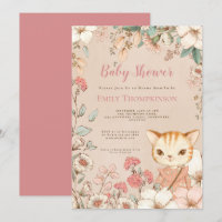 Vintage Cute Cat Flowers Leaves Girl Baby Shower
