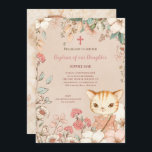Vintage Cute Cat Photo Flowers Baby Girl Baptism Invitation<br><div class="desc">Vintage style to invite your guests to the baptism of your baby girl, with this illustration of a cute cat and cream and blush flowers and leaves on a creamy peach coloured background with a coordinating cross motif. Easily change the sample picture on the back with your own of portrait...</div>
